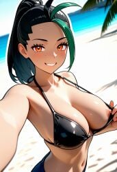 1girls ai_generated black_hair game_freak nemona_(pokemon) nintendo pokemon ponytail shiny_hair shiny_skin streaked_hair tagme