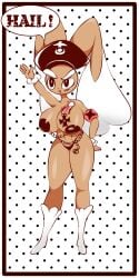 1:2 adorable anthro arm_up big_breasts brown_body chains covered_nipples cute female_only fluffy_ears fluffy_feet greeting hi_res lingerie long_ears looking_at_viewer lopunny nazi nazi_insignia nintendo ojito_art panties pattern_background pokemon pokemon_(species) slender_body solo_female text_bubble thighs