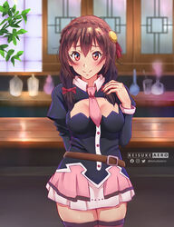 1girls background blush brown_hair clothed female female_focus female_only hand_on_hair interior_background keisuke_aero kono_subarashii_sekai_ni_shukufuku_wo! looking_at_viewer red_eyes room shy skirt skirt_up smile solo solo_female solo_focus standing thick_thighs thighs yunyun_(konosuba)