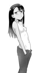 1girls black_hair blush breasts clothed clothing embarrassed female_focus female_only half-dressed hayase_nagatoro long_hair monochrome navel nipples please_don't_bully_me,_nagatoro revealing_clothes sideboob simple_background small_breasts solo standing szmitten white_background