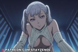 1girl ai ai_art ai_generated all_fours bare_shoulders breasts cable_knit curtains detached_sleeves earrings from_below garter_straps genshin_impact grey_hair hanging_breasts indoors jewelry large_breasts long_hair looking_at_viewer meme_attire navel night nipple_slip nipples panties pov purple_eyes ribbed_legwear ribbed_sleeves ribbed_sweater ribbed_thighhighs side-tie_panties sleeveless sleeveless_sweater sleeveless_turtleneck solo sweater turtleneck turtleneck_sweater twintails underwear virgin_destroyer_sweater white_garter_straps white_panties white_sleeves white_sweater window