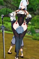 3d_animation animated animation blue_hair chongyun_(genshin_impact) genshin_impact hand_on_hip headscissor large_thighs larger_female looking_at_partner shenhe_(genshin_impact) smaller_male tagme thick_thighs thighs video white_hair