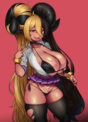 1girls 2021 ahe_gao aife_(zanamaoria) bikini_bottom_pull bikini_under_clothes black_bikini black_thighhighs blonde_hair bracelet breasts brown_hair brown_skin burakku-ra demon_girl female female_focus female_only gyaru horns huge_breasts jewelry large_horns long_hair looking_at_viewer naughty_face open_shirt original painted_nails peace_sign pointy_teeth pubic_tattoo purple_eyes purple_skirt ring short_skirt side-tie_bikini simple_background skirt smile smiling succubus tan tanline tanlines tease teasing_viewer thick_thighs thighhighs thighs tongue tongue_out torn_thighhighs two_tone_hair white_shirt