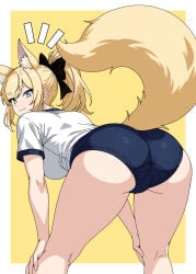1girl :3 animal_ear_fluff animal_ears arknights ass bent_over black_bow blonde_hair blue_eyes blue_panties blue_trim border bow closed_mouth commentary_request extra_ears feet_out_of_frame from_behind hair_bow hair_intakes hands_on_own_knees highres looking_at_viewer looking_back medium_hair notice_lines panties ponytail presenting_own_ass presenting_own_body shirt short_sleeves simple_background smirk solo swept_bangs tail tail_raised underwear whislash_(arknights) white_border white_shirt yellow_background