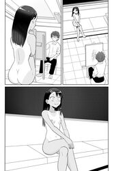 1boy 1girls ass black_hair blush breasts clothed clothing glasses hayase_nagatoro long_hair monochrome naoto_hachioji_(senpai) navel nipples nude please_don't_bully_me,_nagatoro pose short_hair simple_background small_ass small_breasts szmitten tanline tanned white_background