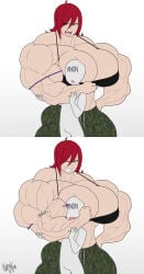 1girls ahoge anon breasts breasts_bigger_than_head camo camo_pants camo_print choker dominant dominant_female female femdom forsakun green_eyes head_against_breast huge_breasts larger_female moira_ainsburg muscle_fetish muscles muscular muscular_arms muscular_female original original_character purple_choker red_hair sharp_teeth size_difference snap_my_choker