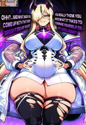 1girl 2026 2d absurd_res absurd_resolution absurdres ai_generated arknights black_thighhighs blonde_hair breasts curvy dragon_girl dragon_horns dress eblana_(arknights) english_text green_eyes hair_over_one_eye hands_on_own_hips hi_res high_quality high_resolution highres horns image jacket jewelry large_breasts long_hair long_sleeves looking_at_viewer lumarabbit necrass_(arknights) open_clothes patreon patreon_logo patreon_username reed_(arknights) ring see-through skindentation smile solo thick_thighs thighhighs thighs torn_clothes torn_thighhighs uncensured very_long_hair watermark white_dress