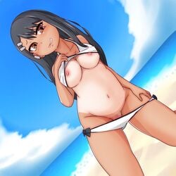 1girls beach big_breasts bikini black_hair blush breasts brown_eyes censored cleavage clothed clothing female_focus female_only hayase_nagatoro kaikon_shokubutsu long_hair navel nipples please_don't_bully_me,_nagatoro revealing_clothes shaved_pussy simple_background smile solo tanline tanned undressing