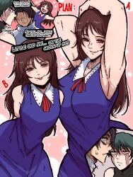 1boy 2girls age_difference black_hair brown_hair green_hair jujutsu_kaisen long_hair male/female mark_gavatino muscular_female nervous orimoto_rika scars shaking short_hair size_difference smile sweatdrop taller_female wide_hips yuta_okkotsu zenin_maki