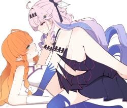2girls ahoge arm_support blush braid braided_sidelocks clothed_sex colored_extremities colored_inner_hair commentary denia_(breakdown)_(wuthering_waves) denia_(wuthering_waves) dress eye_contact futa_with_female futanari green_eyes hair_ornament highres long_hair looking_at_another missionary multicolored_hair multiple_girls open_mouth orange_hair pink_hair pointy_ears purple_dress purple_eyes purple_hair sidelocks sigrika_(wuthering_waves) simple_background smile tacet_mark_(wuthering_waves) textless_version white_background wuthering_waves zero_3b