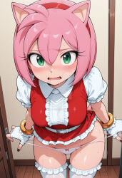 ai_generated amy_rose animal_ears bare_hips bare_legs blush dress gloves green_eyes hairband hips humanization humanized indoors legs looking_at_viewer looking_up medium_hair panties petite pink_hair pov red_dress sega shirt socks sonic_(series) sonic_the_hedgehog_(series) standing teenage teenage_girl teenager thong thong_panties white_panties white_shirt white_socks white_thong white_thong_panties