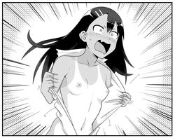 1girls black_hair breasts clothed clothing earrings female_focus female_only hayase_nagatoro long_hair monochrome navel nipples open_mouth please_don't_bully_me,_nagatoro revealing_clothes simple_background skinny small_breasts solo standing szmitten tanline tanned undressing white_background