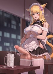1girl animal_ears apron black_dress blonde_hair breasts cat_ears cat_girl cat_tail censored cum cum_in_container cum_in_cup cum_string cup dress erection facial_mark final_fantasy final_fantasy_xiv futanari futanari_masturbation highres large_breasts large_penis long_hair maid maid_apron masturbation miqo'te mizu_fei mosaic_censoring mug original parted_lips penis rolling_eyes short_dress smile tail testicles thighhighs tongue tongue_out warrior_of_light_(ff14) whisker_markings white_thighhighs zero_a