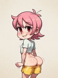 ai_generated arched_back ass ass_cleavage ass_crack ass_up butt_cleavage butt_crack flat_chest minishorts narrow_waist no_panties petite pink_hair pulling_down_pants red_eyes short_hair skullgirls smile umbrella_(skullgirls) undressing white_shirt yellow_shorts