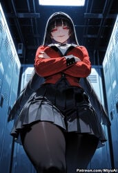 1girl ai_assisted ai_generated bangs black_hair black_legwear blunt_bangs breasts crossed_arms curvaceous curvy curvy_female curvy_figure female from_below hime_cut jabami_yumeko jacket kakegurui large_breasts long_hair looking_at_viewer miyuai pantyhose pleated_skirt red_eyes school_uniform skirt smile solo thick thick_ass thick_butt thick_hips thick_legs thick_thighs thighs voluptuous voluptuous_female wide_hips wide_thighs window