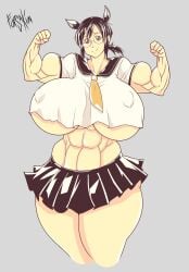 1girls abs black_hair breasts breasts_bigger_than_head female forsakun glasses hair huge_breasts junko_(hataraki) kemonomimi muscle_fetish muscles muscular muscular_arms muscular_female nipple_bulge nipples school_uniform smile thick_thighs thighs