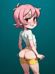 ai_generated arched_back ass ass_cleavage ass_crack ass_up butt_cleavage butt_crack flat_chest minishorts narrow_waist no_panties petite pink_hair pulling_down_pants red_eyes short_hair skullgirls smile umbrella_(skullgirls) undressing white_shirt yellow_shorts
