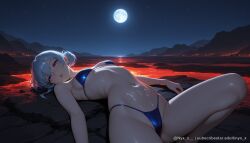 1girl ai_generated bangs bare_shoulders bikini blue_bikini blue_hair breasts cum cum_on_body cum_on_stomach full_moon hair_bun lips looking_at_viewer lying medium_breasts moon navel night night_sky nyx_x on_back outdoors parted_lips purple_eyes single_hair_bun sky small_breasts solo star_(sky) starry_sky stomach swimsuit