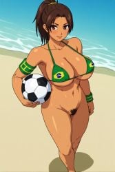 ai_generated armband bandai_namco beach big_breasts bikini bikini_top brazil brazilian breasts brown_eyes brown_hair brunette christie_monteiro cleavage falcon_kick hairy_pussy latina namco namco_bandai outdoors ponytail soccer soccer_ball tanned tekken tits video_game_character video_games world_cup wristband
