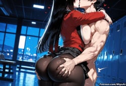 1boy 1girl ai_assisted ai_generated ass ass_grab black_hair black_skirt breasts breasts_outside brown_hair clothed_female_nude_male curvaceous curvy curvy_female curvy_figure deep_skin female hetero jabami_yumeko kakegurui kiss large_breasts long_hair miyuai nipples nude pantyhose sex skirt skirt_lift thick thick_ass thick_butt thick_hips thick_legs thick_thighs tohsaka_rin voluptuous voluptuous_female wide_hips wide_thighs