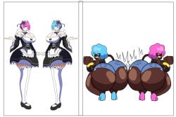 ass_expansion cleavage dark-skinned_female ebonization huge_ass huge_breasts race_swap ram_(re:zero) re:zero_kara_hajimeru_isekai_seikatsu rem_(re:zero) thick_thighs toon-bomber toon_tf toonification toony transformation