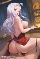 1boy 1girl 2026 ai_generated alcohol anus ass back backless_dress bare_shoulders black_panties blue_eyes blurry blurry_background blush bottle breasts breasts_out breath clothed_female_nude_male clothed_sex clothes_lift clothes_pull dress dress_lift dress_pull erection fairy_tail forehead from_behind girl_on_top heavy_breathing hetero highres indoors large_breasts long_hair looking_at_viewer looking_back mirajane_strauss night nipples no_bra nsfw nude open_mouth panties panties_around_one_leg penis pov pussy red_dress reverse_cowgirl_position serain sex sex_from_behind solo_focus straddling sweat thighs uncensored underwear vaginal white_hair