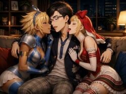 1boy 2girls ai_generated artemis_(megami_tensei) asian_male_white_female atsuta_yuzuru blonde-haired_female blonde_female blonde_hair grok grok_imagine group_kiss group_kissing idunn_(megami_tensei) kissing shin_megami_tensei_v tagme triple_kiss video