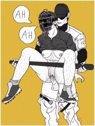1boy 1girls 2025 baseball_bat baseball_cap baseball_uniform black_clothing bottomless bottomless_female bottomless_male breasts_out deep_penetration dialogue female front_view gameplay_mechanics hairy hairy_pussy hi_res male male/female mask masked masked_female off_(game) original_character penetration pussy sex stand_and_carry_position the_batter transgender white_clothing