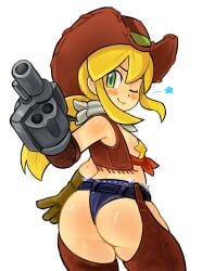 1girl alternate_costume alternate_hairstyle android archived_source arm_cannon ascot ass bandana bandana_around_neck blonde_hair blush_stickers brown_chaps brown_gloves brown_hat brown_vest chaps commentary covered_nipples cowboy_hat cowgirl_(western) cropped_vest denim denim_shorts drawfag english_commentary flat_chest from_behind front-tie_top gloves green_eyes gun hand_up hat highres long_hair looking_at_viewer looking_back low_ponytail mega_man mega_man_(classic) micro_shorts one_eye_closed open_clothes open_vest pasties ponytail revolver roll shorts simple_background smile solo star_(symbol) star_pasties v-shaped_eyebrows vest weapon white_ascot white_background