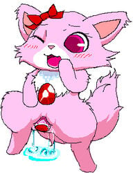 blush chimsuke feline female furry garnet_(jewelpet) jewelpet jewelpet_(species) lowres open_mouth pink_eyes pink_fur pink_hair pussy_juice sanrio solo tagme white_background wink