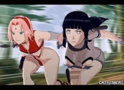 2girls animated animated_gif areolae bottomless breasts cleavage crisisbeat crotchless erect_nipples female female_only female_with_female fishnets functionally_nude functionally_nude_female hourglass_figure hyuuga_hinata kunoichi large_breasts long_hair multiple_girls naruto naruto_shippuden ninja nipple_bulge panties pink_hair pussy run_cycle running sakura_haruno short_hair shounen_jump skimpy_clothes watermark wide_hips