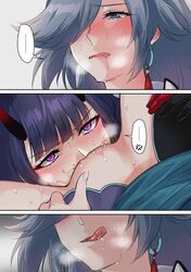 ... 2girls :q anger_vein bangs blue_eyes blue_hair blunt_bangs blush blushing_at_viewer cunnilingus drooling ear_blush eyebrows_visible_through_hair fu_hua fu_hua_(azure_empyrea) hair_over_one_eye heart heart-shaped_pupils heavy_breathing hime_cut honkai_(series) honkai_impact_3rd horns looking_at_another looking_pleasured multiple_girls negom open_mouth oral passionate purple_eyes purple_hair pussy_juice raiden_mei raiden_mei_(herrscher_of_thunder) red_pupils saliva saliva_trail spoken_anger_vein spoken_ellipsis sweat sweatdrop symbol-shaped_pupils tongue tongue_out yuri