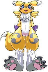 anthro blue_eyes chimsuke digimon furry open_mouth pawpads pussy renamon thick_thighs yellow_fur