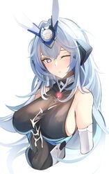 azur_lane bangs black_bodysuit blue_eyes blush bodysuit breasts breath chinese_commentary commentary covered_navel cropped_torso crossed_bangs cum cum_on_body cum_on_breasts cum_on_clothes elbow_gloves english_commentary eyebrows_visible_through_hair eyelashes female gloves glowing hair_between_eyes headgear heart heart-shaped_pupils heart_pendant highres large_breasts light_blue_hair long_hair looking_at_viewer mixed-language_commentary new_jersey_(azur_lane) one_eye_closed parted_lips simple_background smile solo symbol-shaped_pupils upper_body white_background white_gloves yusha_(m-gata)