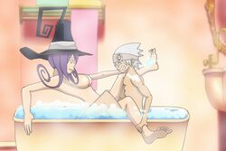 1boy 1girls anonymous_artist bathtub blair_(soul_eater) breasts female hat headband male medium_hair naked nipples nude purple_hair sex short_hair soul_eater soul_eater_evans unknown_artist water white_skin yellow_eyes