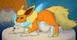 anal anal_sex animal_genitalia animal_penis balls canid canine canine_penis digital_media_(artwork) duo eeveelution erection feral flareon fluffy fluffy_tail fur genitals green_eyes hair hi_res knot male male/male male_penetrated male_penetrating male_penetrating_male mammal nintendo nude open_mouth orange_body orange_fur penetration penis pokémon_(species) pokemon pokemon_(species) redeye sex simple_background umbreon video_games vovo white_body white_fur