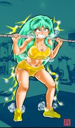 1girls 2021 breasts electricity exercise female female_only green_hair horns humanoid large_breasts light-skinned_female light_skin long_hair lum mushuku oni oni_female oni_girl oni_horns pointy_ears princess shoes solo solo_female sports_bra sportswear sweat urusei_yatsura yellow_shoes