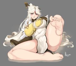 1girls barefoot big_breasts feet female female_only genshin_impact gloves large_breasts long_gloves long_hair looking_at_viewer ningguang_(genshin_impact) nipple_bulge nox_(artist) noxcuro red_eyes solo solo_female thick thick_thighs voluptuous white_hair