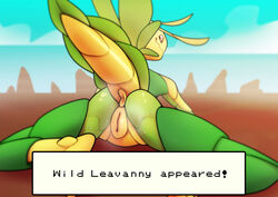 anthro anus arthropod bodily_fluids english_text female gameplay_mechanics genitals hi_res insects leavanny looking_at_viewer looking_back lying mantis mikiluque nintendo on_front pokémon_(species) pokemon pokemon_battle pussy solo spread_legs spreading sweat text video_games