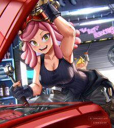 1boy 1girls armpits big_breasts blush blushing_at_viewer breasts car clothed clothing enmanuelart20 garage gloves goggles goggles_on_head hi_res long_hair looking_at_another looking_at_viewer mechanic mei_hatsume my_hero_academia pink_hair power_loader smile smiling smiling_at_viewer steam steamy sweat sweatdrop sweaty sweaty_armpits sweaty_body working yellow_eyes