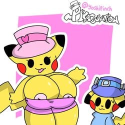 ambiguous_gender androgynous blue_clothes blue_clothing blue_hat breasts breasts_bigger_than_head breasts_out breasts_peeking_out_of_shirt female flustered large_breasts pikachu pikaguation pink_clothes pink_clothing pink_hat pokemon pokemon_(species) tagme yoshipinch_(artist)