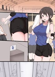 1boy 1girls :d ;d absurdres ass bathroom black_hair breasts brown_eyes doujinshi gym_uniform high_resolution highres indoors invitation inviting_to_sex looking_at_viewer masturbation_gesture one_eye_closed original smile terasu_mc textless toilet