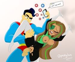 1boy 1girls against_wall blush breasts clark_kent dark-skinned_female dc dc_comics dc_super_hero_boys dc_super_hero_girls green_lantern interracial jessica_cruz kryptonian latina livestream phone prokylan pussy ripped_clothing sex straight superman sweat