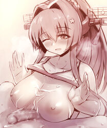 1boy after_ejaculation after_paizuri areolae bikini_lift breasts breath censored clothes_lift commentary_request cum cum_on_body cum_on_breasts cum_string female headgear hhh_(wave) kantai_collection mosaic_censoring nipples one_eye_closed open_mouth penis ponytail sepia solo_focus straight yamato_(kantai_collection)