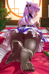 1girls ass butt dress feet female female_only genshin_impact keqing_(genshin_impact) looking_back lying on_stomach pantyhose purple_hair red_eyes solo solo_female swichbox01 thick thick_ass thick_thighs