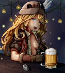 bedroom_eyes blonde_hair blue_eyes clothing drunk female female_only gloves long_hair looking_at_viewer lyza_(made_in_abyss) made_in_abyss one_breast_out open_mouth open_shirt oppai_challenge small_breasts solo teasing