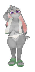 3_toes anthro areola areola_slip big_breasts bluedrg19 blush breasts clothed clothing curvy_figure disney feet female fingers footwear full-length_portrait fur grey_body grey_fur hand_on_head hi_res judy_hopps lagomorph large_breasts leporid long_ears looking_at_viewer mammal navel panties portrait purple_eyes rabbit sandals simple_background solo standing thick_thighs toes topless towel underwear voluptuous white_background wide_hips zootopia