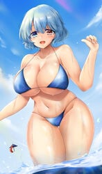 1girls beach big_breasts bikini bikini_bottom bikini_top blue_eyes blue_hair breasts cameltoe female female_only heterochromia human humanoid kogasa_tatara medium_breasts outdoors outside poke200 red_eyes short_hair solo tagme touhou water