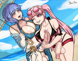 2futas alternate_costume areolae atelierikarei balls bangs beach big_balls big_breasts big_penis bikini blue_bikini blue_hair blue_swimsuit breasts brown_eyes censored cleavage clothed clothing duo erection female_pubic_hair fire_emblem fire_emblem:_three_houses fire_emblem_heroes futa_on_futa futa_only futanari grin handjob hilda_valentine_goneril hilda_valentine_goneril_(summer) human ikarei large_breasts light-skinned_futanari light_skin long_hair marianne_von_edmund marianne_von_edmund_(summer) medium_hair mostly_nude nintendo nipples pale_skin parasol penis pink_bikini pink_eyes pink_hair pink_swimsuit pubic_hair sagging_balls sarong smile standing swimsuit twintails umbrella