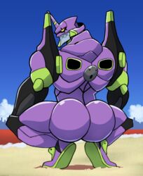 1boy 2021 ass ass_focus big_ass big_butt broly_culo butt butt_focus crouching cybernetics cyborg elfein eva_01 glistening glistening_butt highres horn machine male male_only mecha meme metal metallic_body neon_genesis_evangelion not_furry parody purple_body purple_butt rear_view robot rule_63 solo spread_legs spreading yellow_eyes